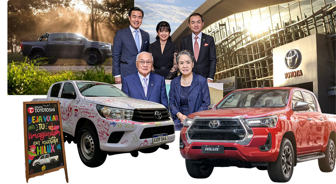 Familia Toyotoshi junto a vehículos Toyota